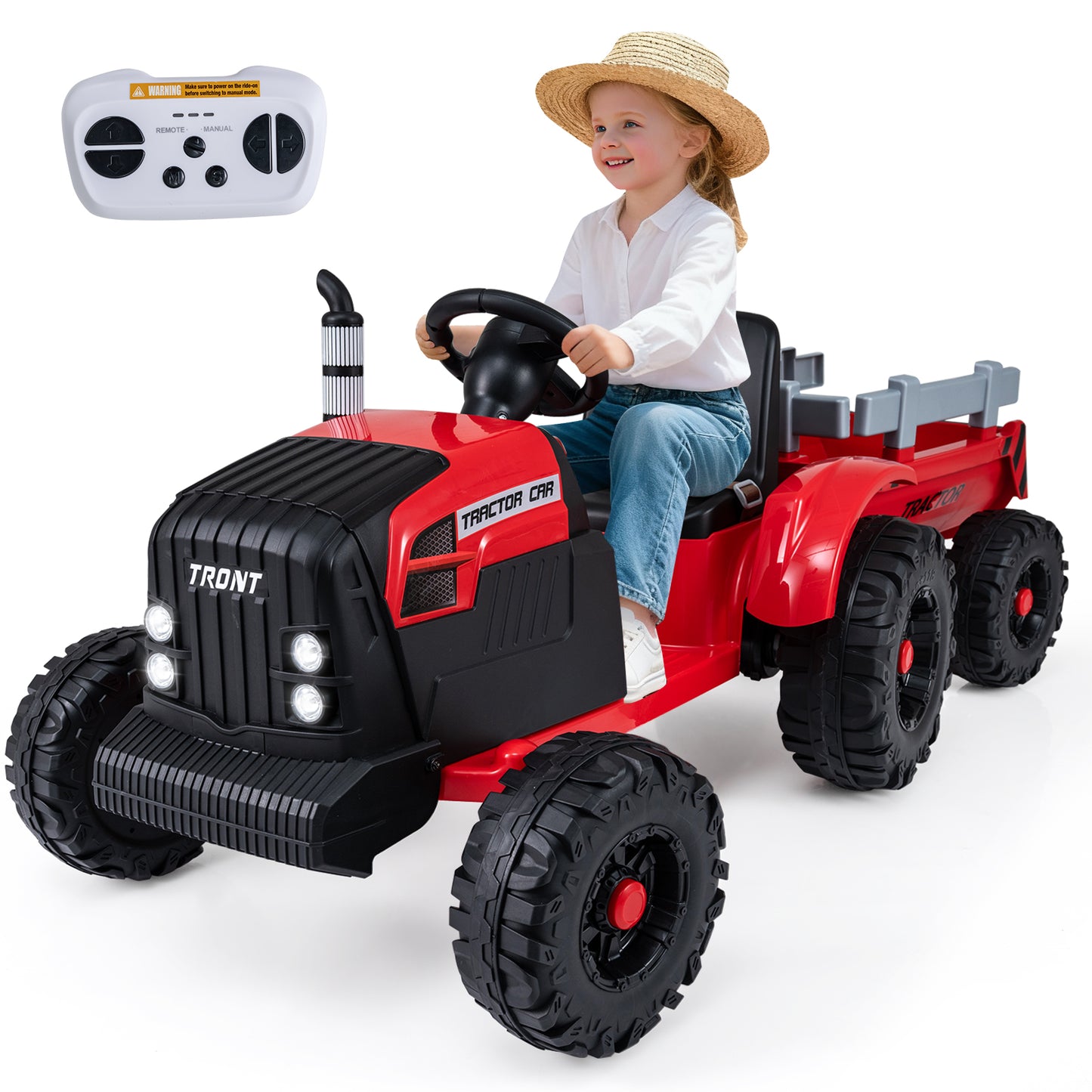 24V Ride On Tractor for Kids Electric Vehicle with Detachable Trailer and Remote Control-Dark Green