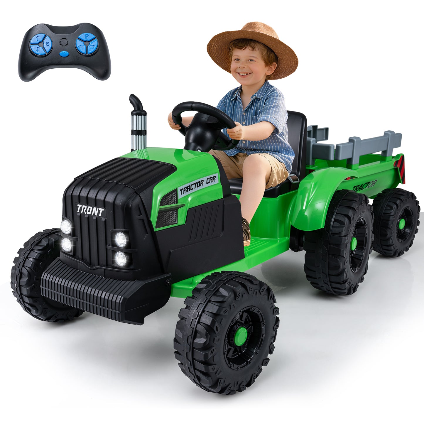 24V Ride On Tractor for Kids Electric Vehicle with Detachable Trailer and Remote Control-Dark Green