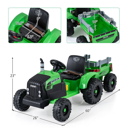 24V Ride On Tractor for Kids Electric Vehicle with Detachable Trailer and Remote Control-Dark Green