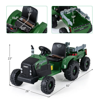 24V Ride On Tractor for Kids Electric Vehicle with Detachable Trailer and Remote Control-Dark Green