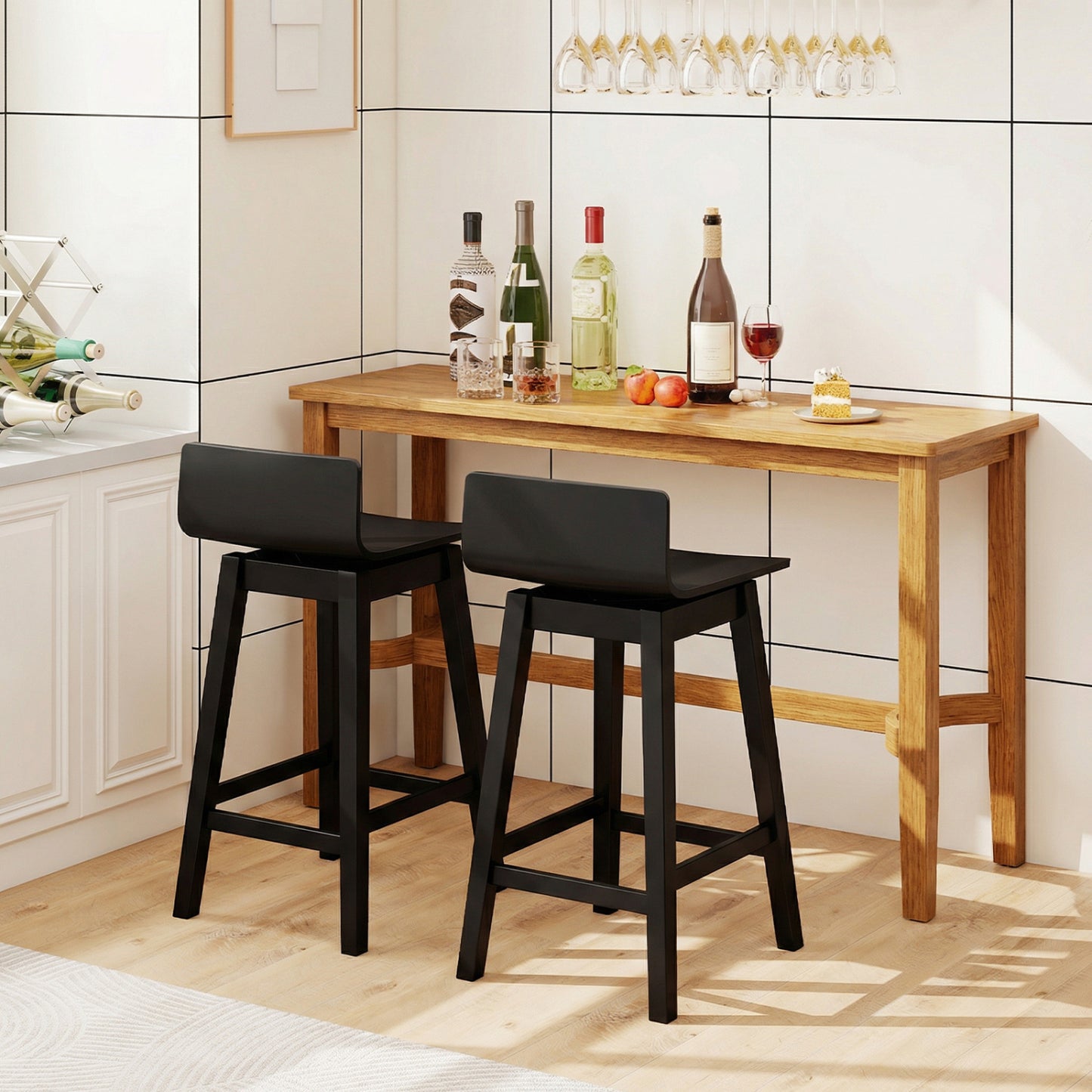 24.5 Inch Swivel Wooden Bar Stools Set of 2 with Rubber Wood Legs and Low Back-Black