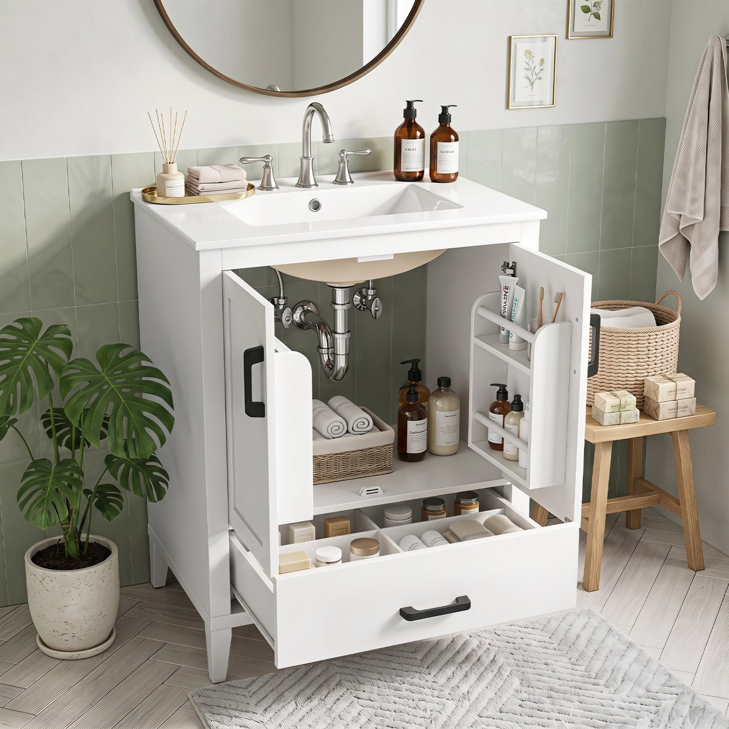 24.5" Modern Bathroom Vanity with Sink 2 Doors and Drawer-White