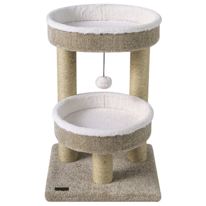 24-inch cat tower by Wilsons Home Store featuring plush perches, scratching posts, and a dangling ball for cats to play and relax.