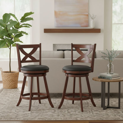 24" Counter Height Stools 2 PCS with Hollowed Backrest Swivel Padded Seat and Footrest-Espresso