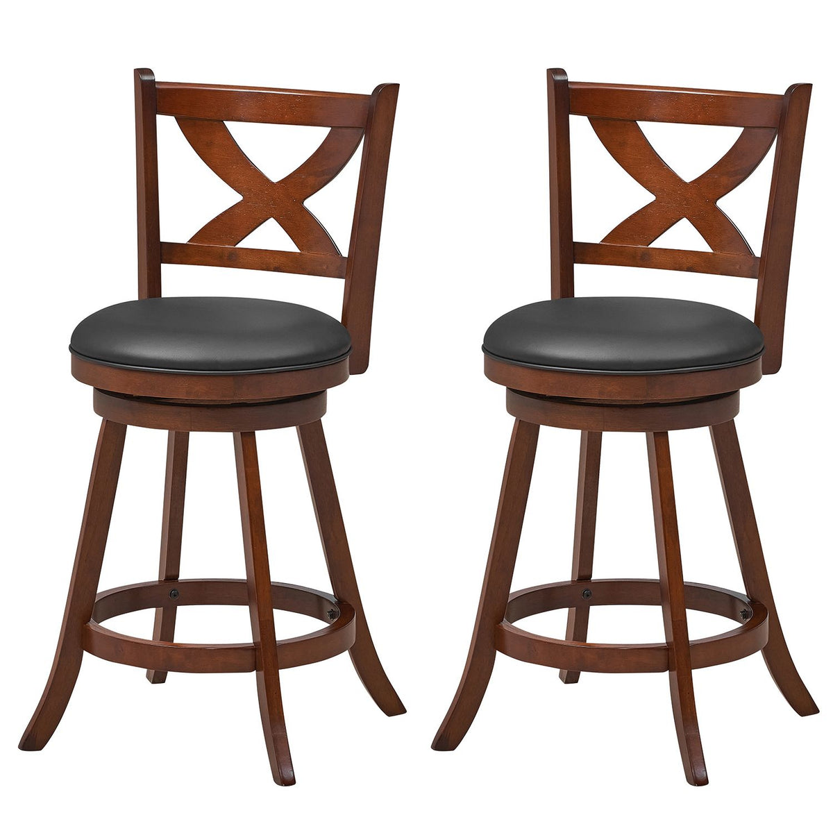 24" Counter Height Stools 2 PCS with Hollowed Backrest Swivel Padded Seat and Footrest-Espresso