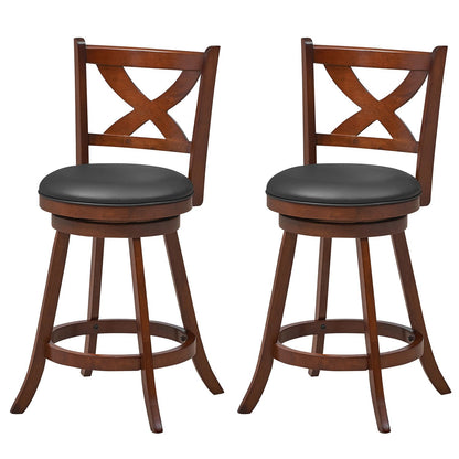 24" Counter Height Stools 2 PCS with Hollowed Backrest Swivel Padded Seat and Footrest-Espresso