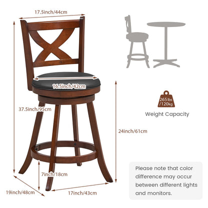 24" Counter Height Stools 2 PCS with Hollowed Backrest Swivel Padded Seat and Footrest-Espresso