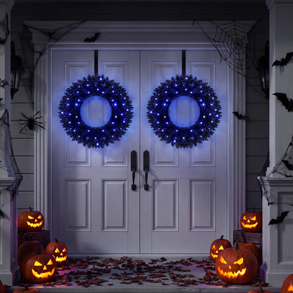 24” Full Wreath with 179 Lush Branch Tips and 35 Purple LED Lights Auto Timer-Set of 2