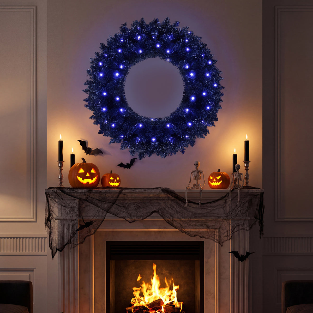 24” Full Wreath with 179 Lush Branch Tips and 35 Purple LED Lights Auto Timer-Set of 2