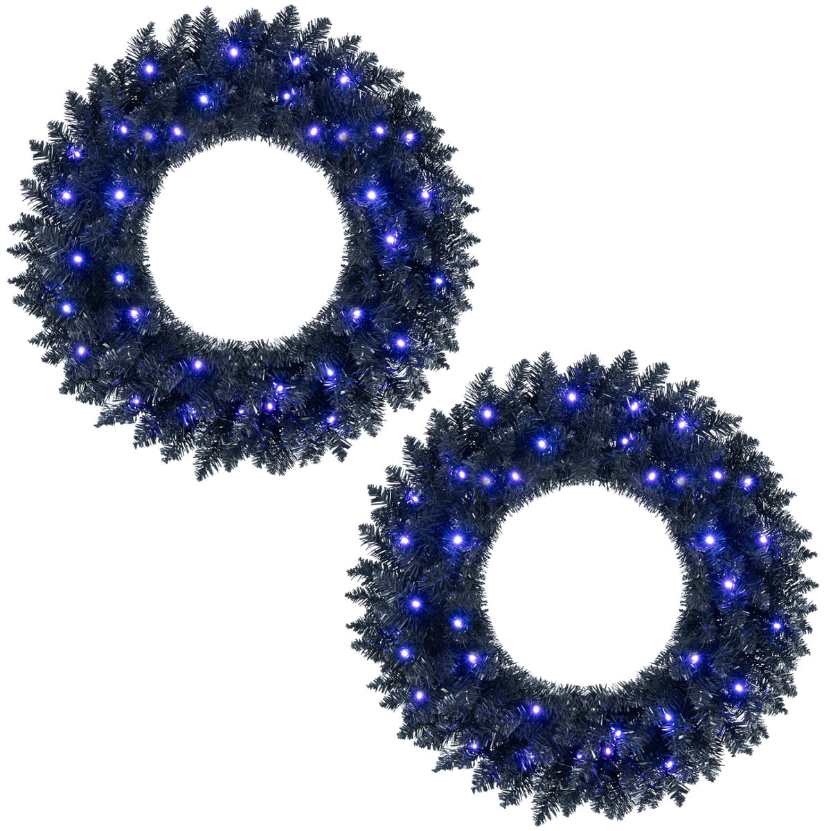 24” Full Wreath with 179 Lush Branch Tips and 35 Purple LED Lights Auto Timer-Set of 2