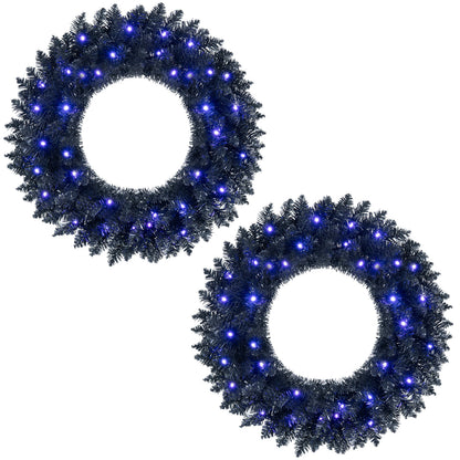 24” Full Wreath with 179 Lush Branch Tips and 35 Purple LED Lights Auto Timer-Set of 2