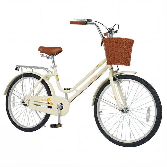 24 Inch Beach Cruiser Bike for Women with Woven Basket and Rear Rack - Beige