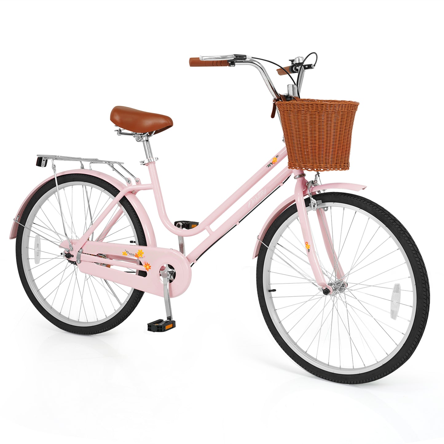 26 Inch Beach Cruiser Bike for Women with Woven Basket and Rear Rack - Pink