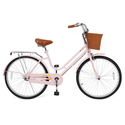 26 Inch Beach Cruiser Bike for Women with Woven Basket and Rear Rack - Pink