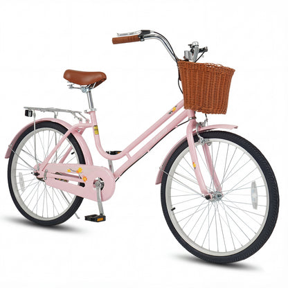 24-Inch Beach Cruiser Bike for Women with Woven Basket and Rear Rack - Pink