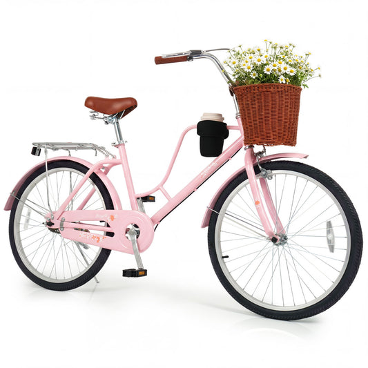 Pink 24-inch beach cruiser bike for kids with woven basket and cup holder, featuring a colorful toy design for outdoor fun.