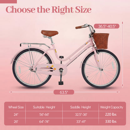 24-Inch Beach Cruiser Bike for Women with Woven Basket and Rear Rack - Pink