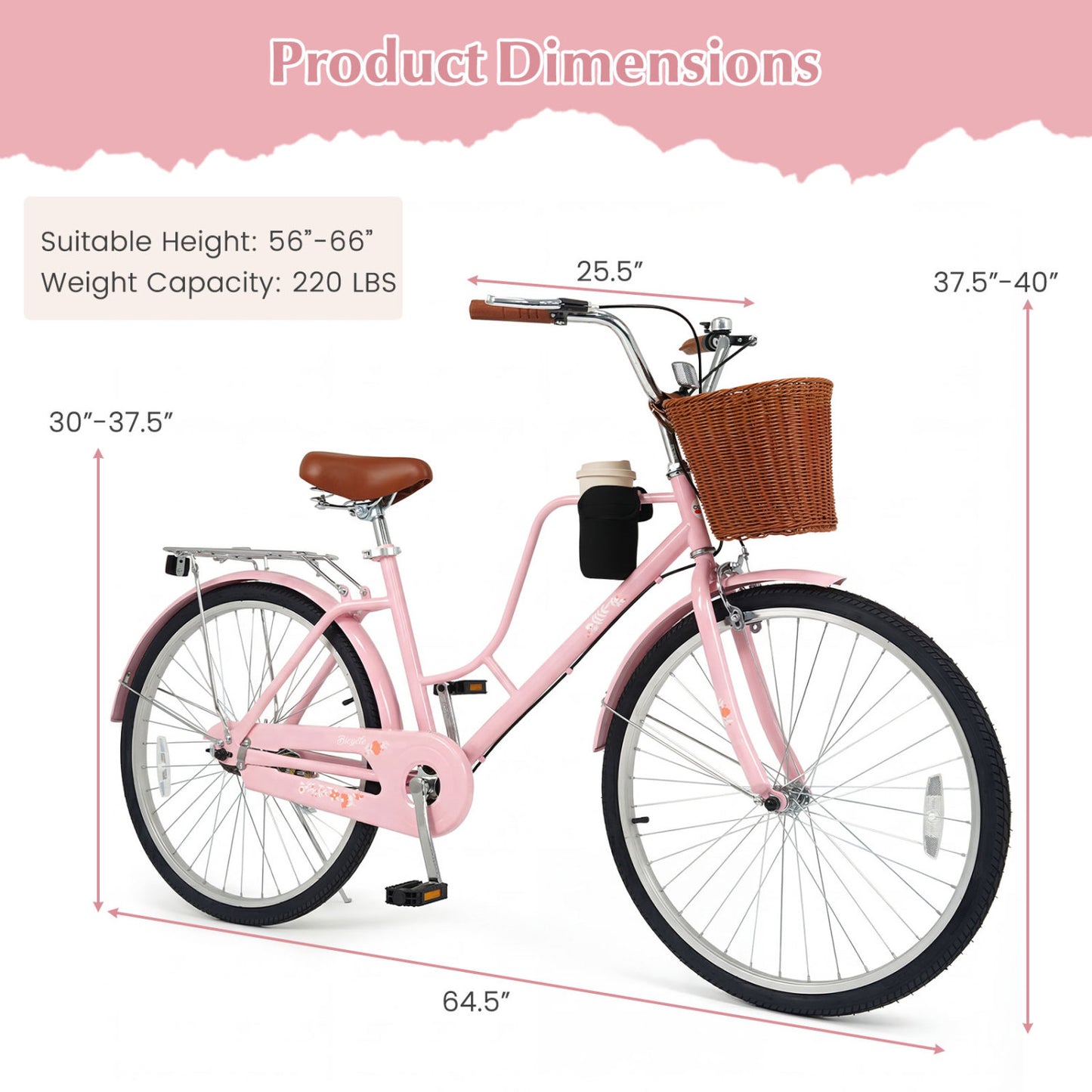 24-Inch Beach Cruiser Bike with Cup Holder and Woven Basket - Pink