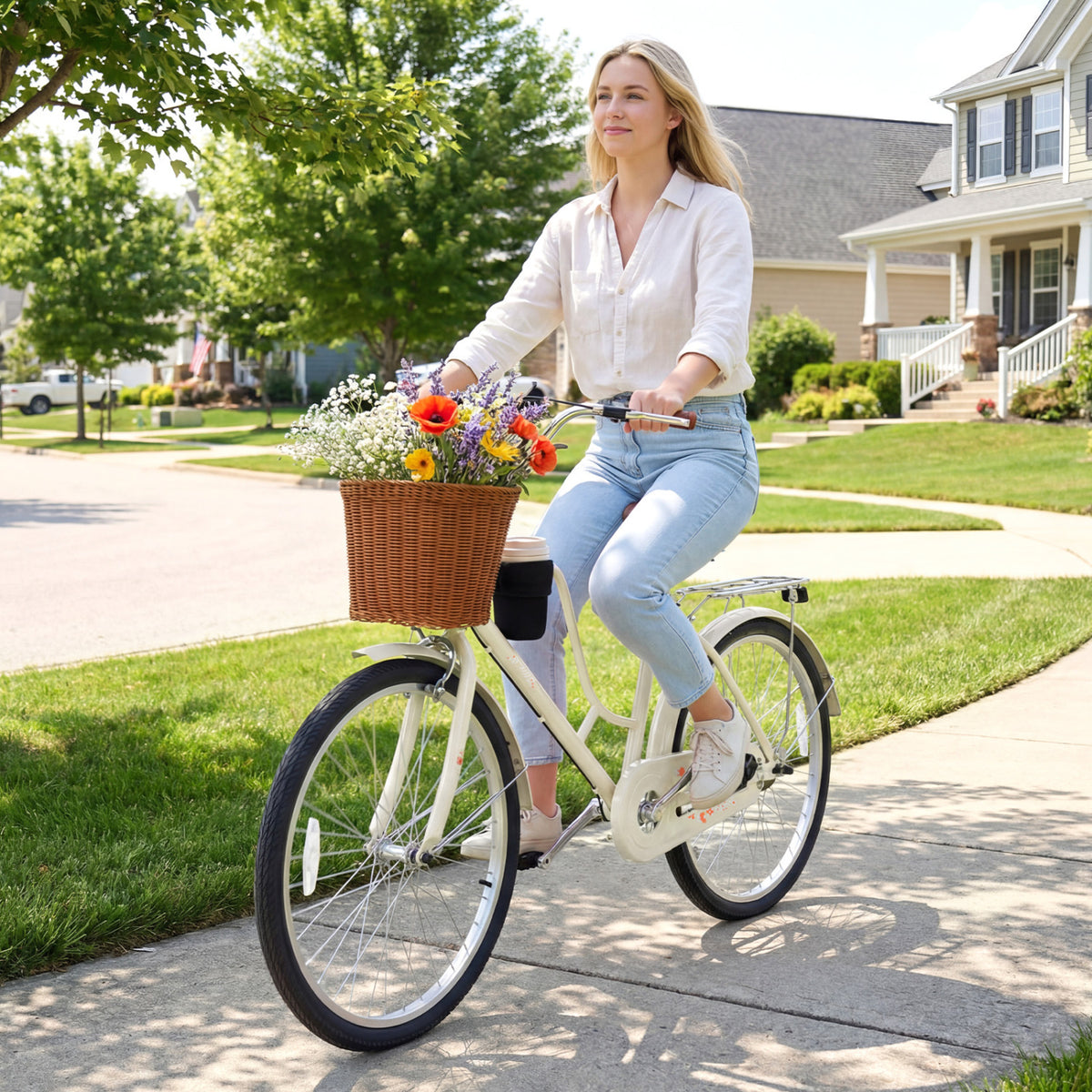 24-Inch Beach Cruiser Bike with Cup Holder and Woven Basket - Beige