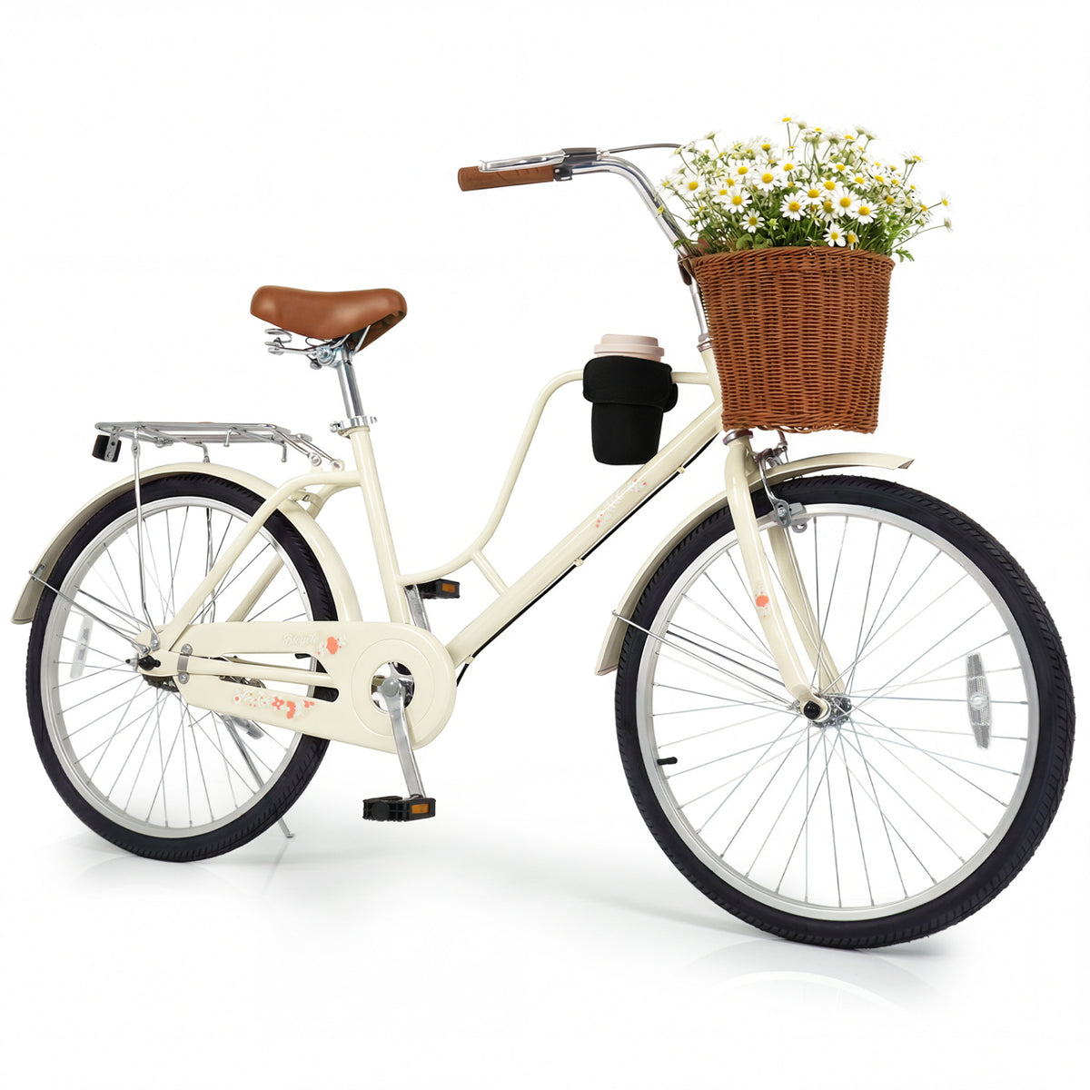 24-Inch Beach Cruiser Bike with Cup Holder and Woven Basket - Beige