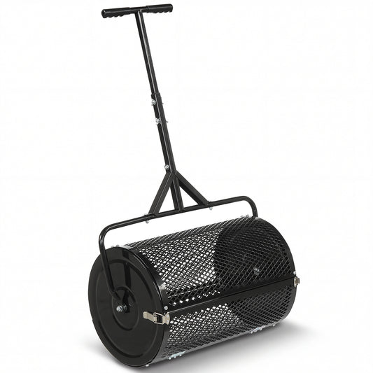 Black 24-inch compost spreader with height-adjustable T-handle, designed for lawn care and peat moss spreading in gardens.