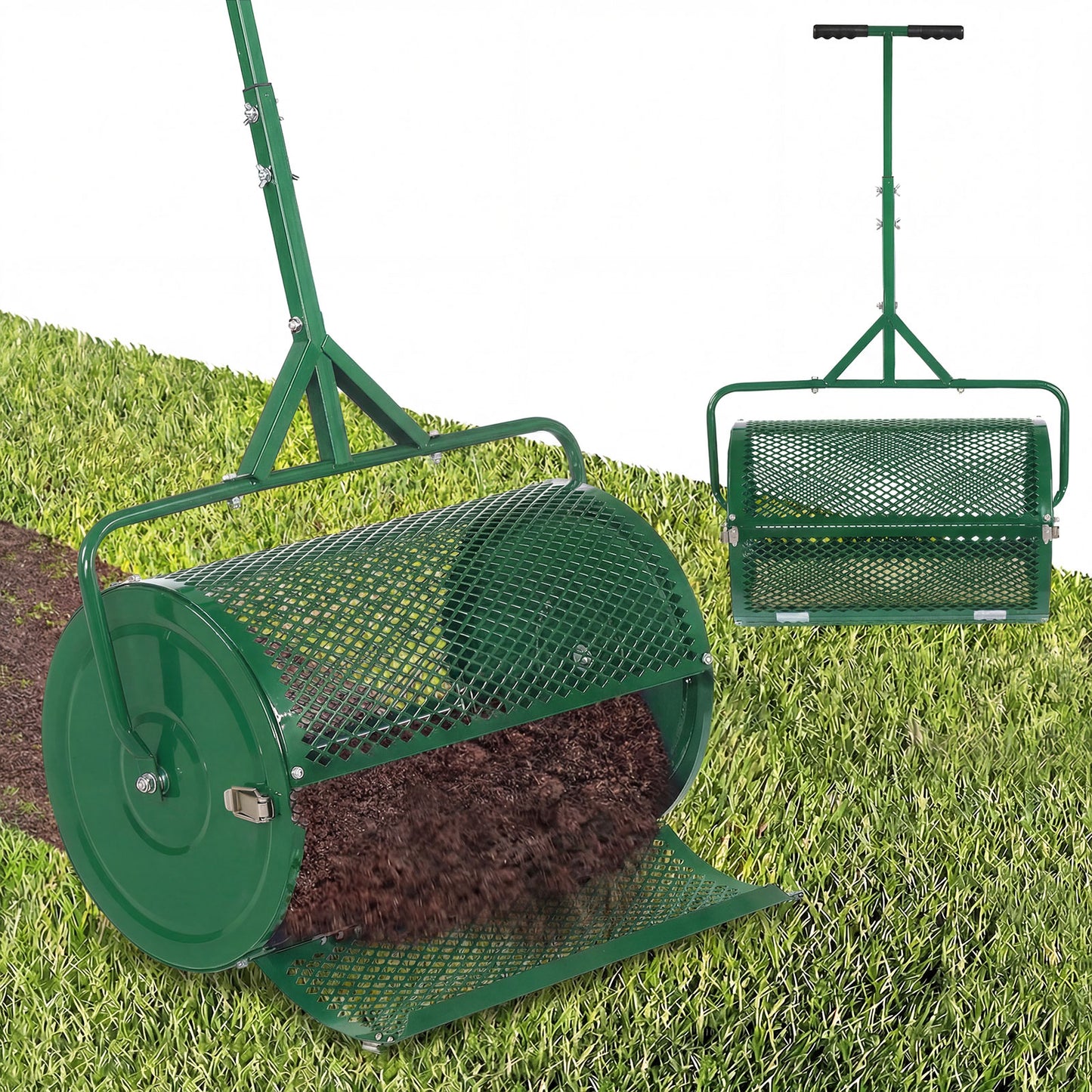 24 Inch Compost Spreader Peat Moss Spreader Roller with Height-Adjustable T-Shaped Handle-Black