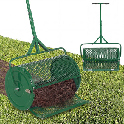 24 Inch Compost Spreader Peat Moss Spreader Roller with Height-Adjustable T-Shaped Handle-Black