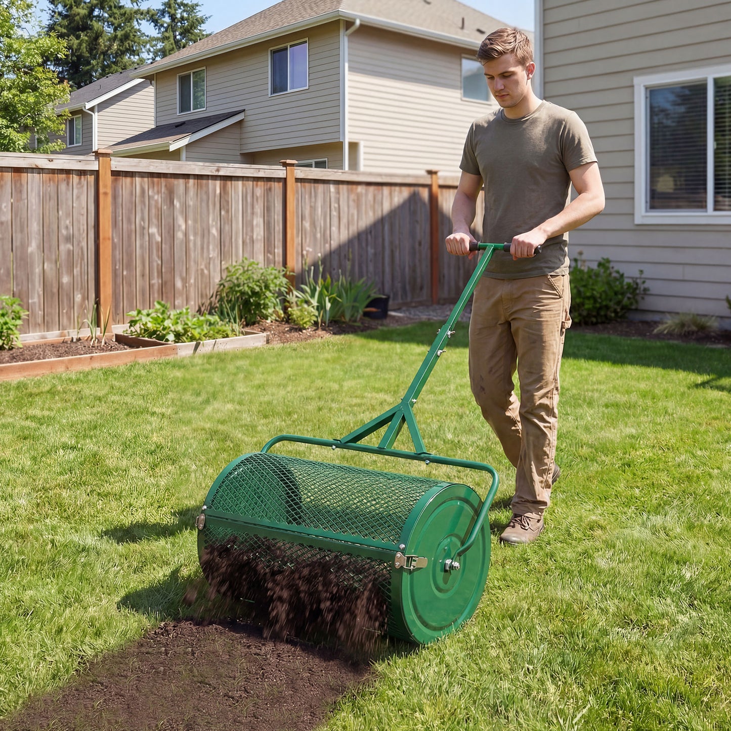 24 Inch Compost Spreader Peat Moss Spreader Roller with Height-Adjustable T-Shaped Handle-Black