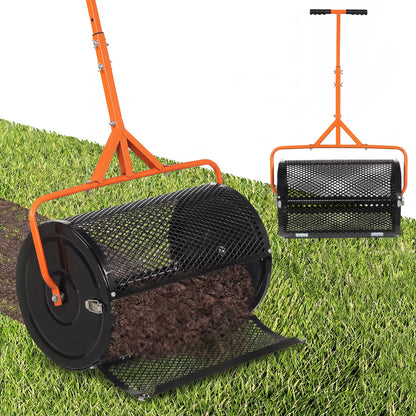24 Inch Compost Spreader Peat Moss Spreader Roller with Height-Adjustable T-Shaped Handle-Black
