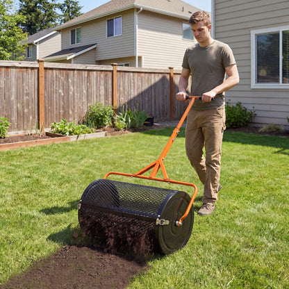 24 Inch Compost Spreader Peat Moss Spreader Roller with Height-Adjustable T-Shaped Handle-Black