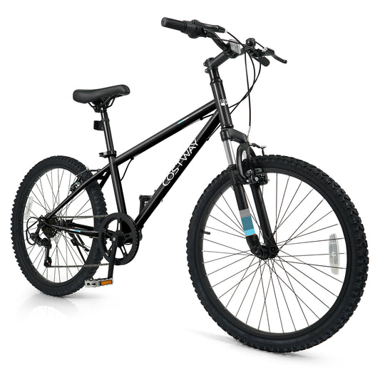 24 Inch Kids Mountain Bike Child Bicycle for Boys Girls Aged 8+ Years Old Black