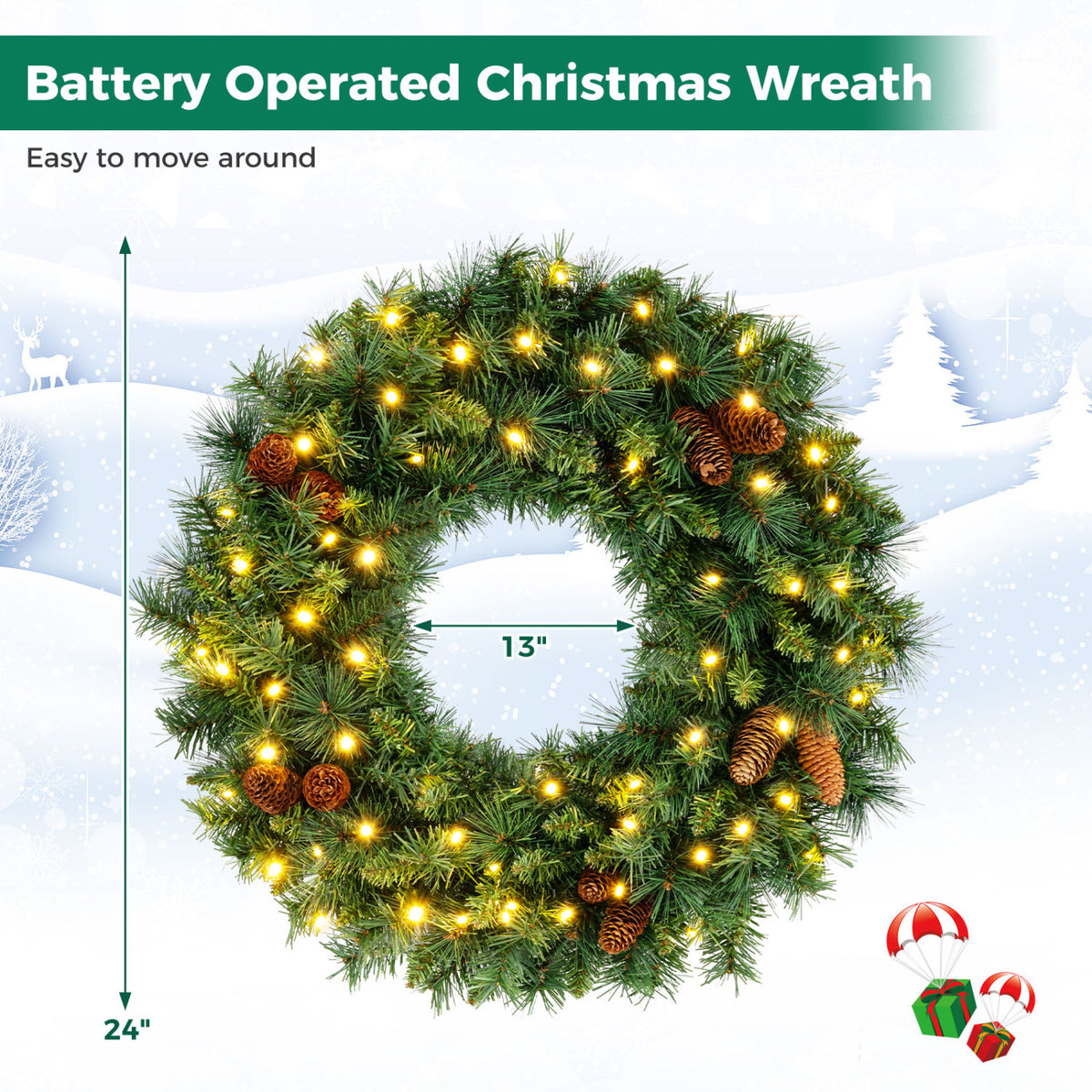 24 Inch Pre-Lit Artificial Christmas Wreath for Front Door Battery Operated-1 Piece