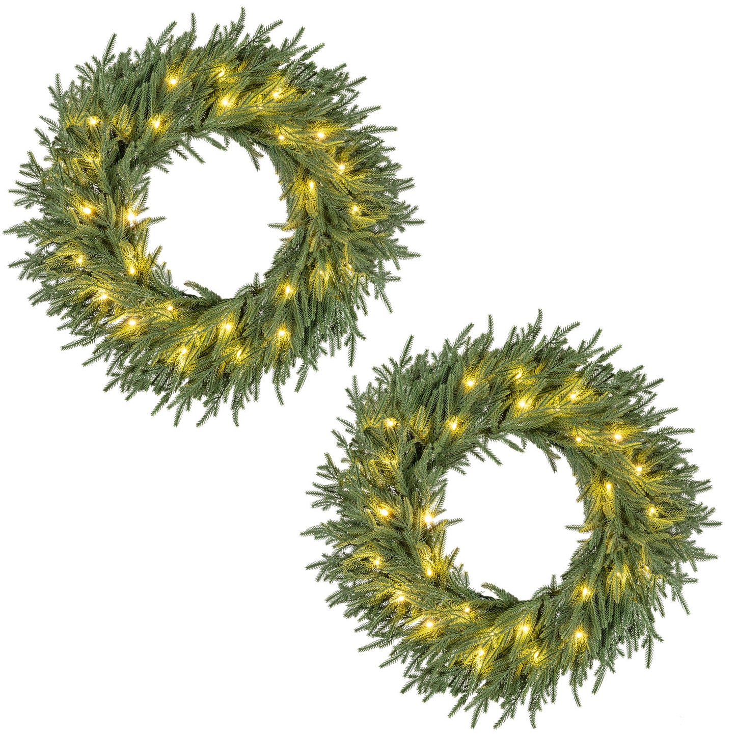 24 Inch Pre-lit Christmas Wreath with 108 Branch Tips and 35 Warm White LED Lights for Wall Window-2 piece