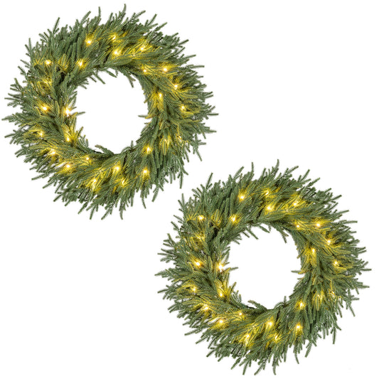 24 Inch Pre-lit Christmas Wreath with 108 Branch Tips and 35 Warm White LED Lights for Wall Window-2 piece