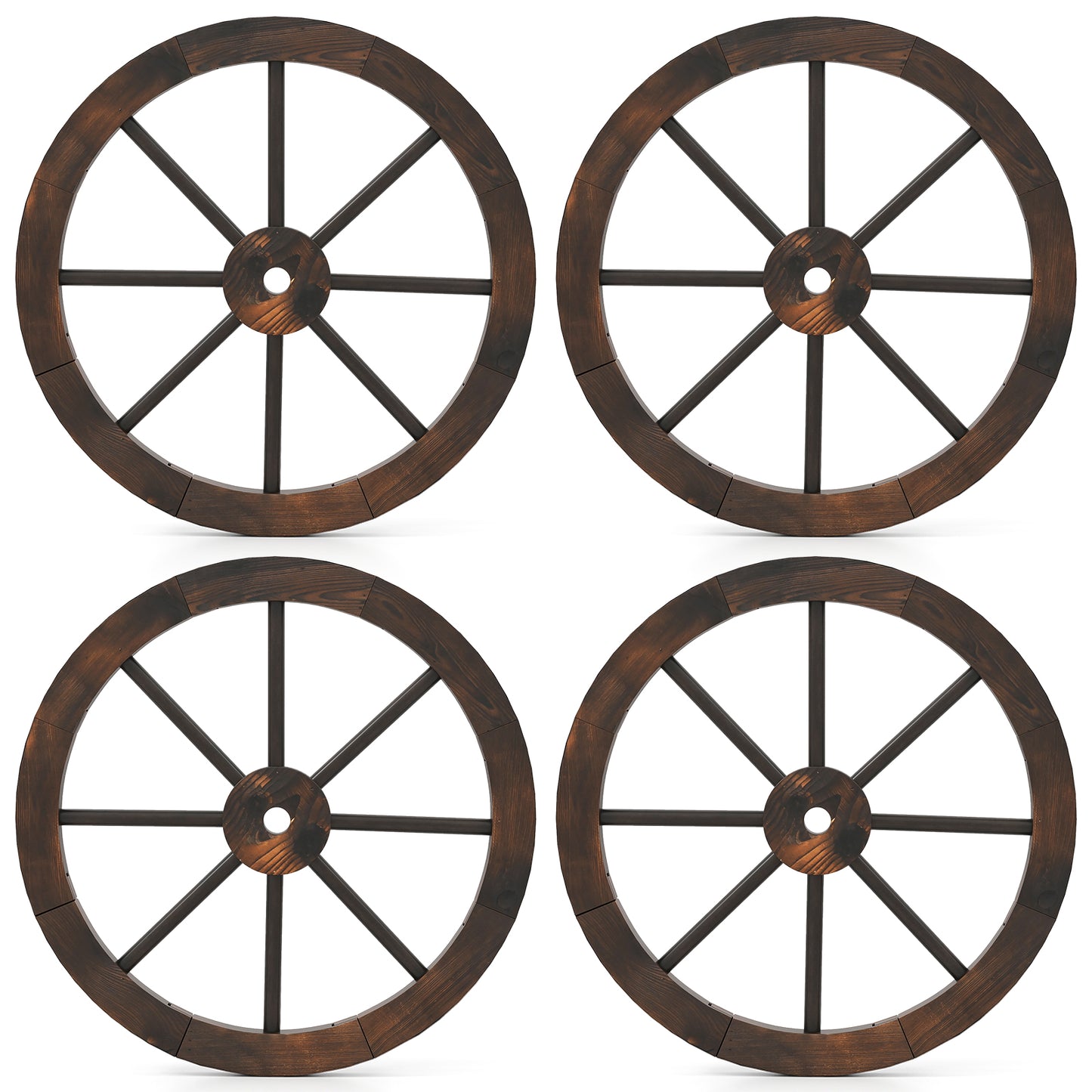 24 Inch Set of 4 Decorative Wooden Wagon Wheel Carbonized Solid Fir Wood