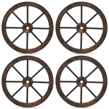 24 Inch Set of 4 Decorative Wooden Wagon Wheel Carbonized Solid Fir Wood