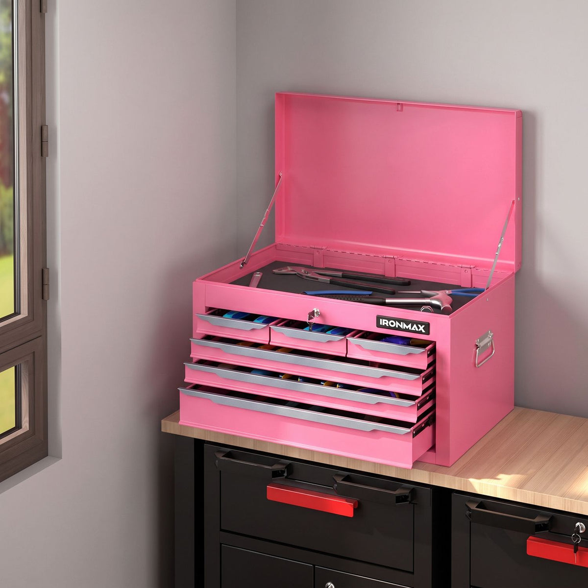 24 Inch Tool Chest Case with 6 Drawers and Top Storage for Garage Repair Shop & Warehouse-Pink