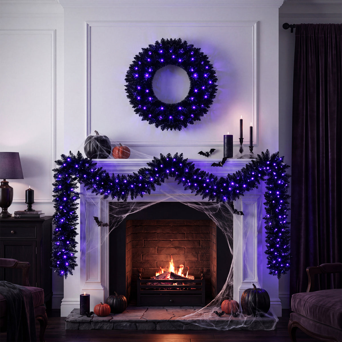 24 Inch Wreath and 9 FT Garland Set Christmas Halloween Centerpiece with 389 Branch Tips