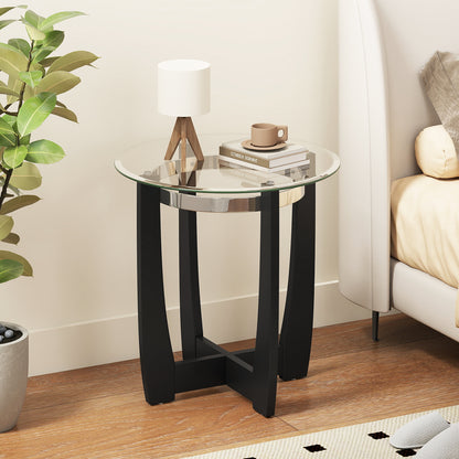 24 Inches Round Side Table with Tempered Glass Top and Solid Rubber Wood Base-Black