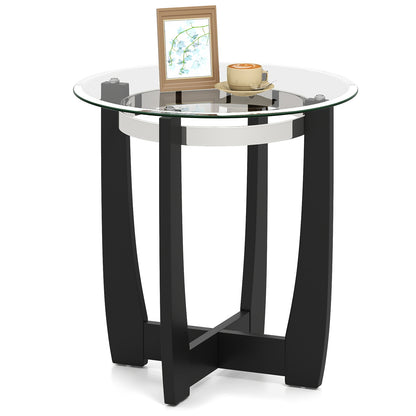 24 Inches Round Side Table with Tempered Glass Top and Solid Rubber Wood Base-Black