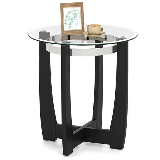 24 Inches Round Side Table with Tempered Glass Top and Solid Rubber Wood Base-Black