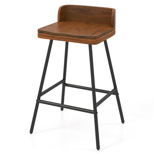 Brown 24-inch industrial rubber wood bar stool with low back, metal legs, and footrest, perfect for kitchen or dining areas.