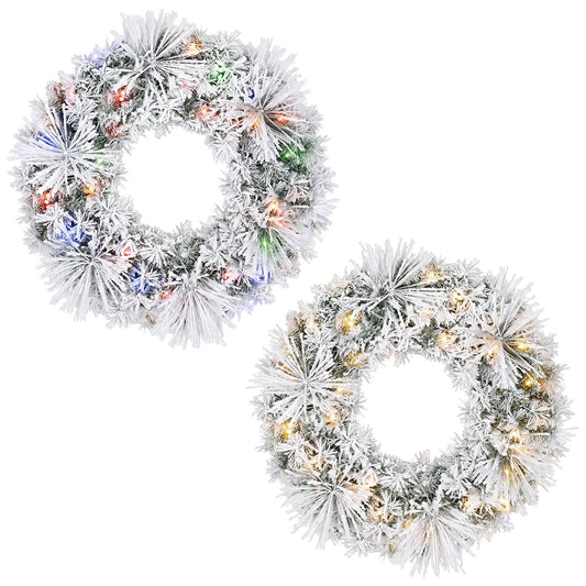 Set of two 24-inch pre-lit Christmas wreaths with 35 warm white and multicolored LED lights, festive holiday decor by Wilsons Home Store