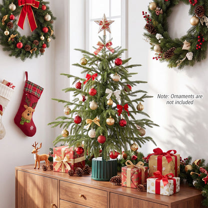 Set of two 24-inch pre-lit tabletop Christmas trees with PE branch tips and rotating musical bases for holiday decor.