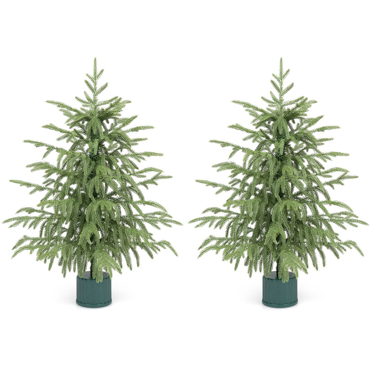 Set of 2 24-inch pre-lit tabletop Christmas trees with rotating musical bases and PE branch tips, festive holiday decor.