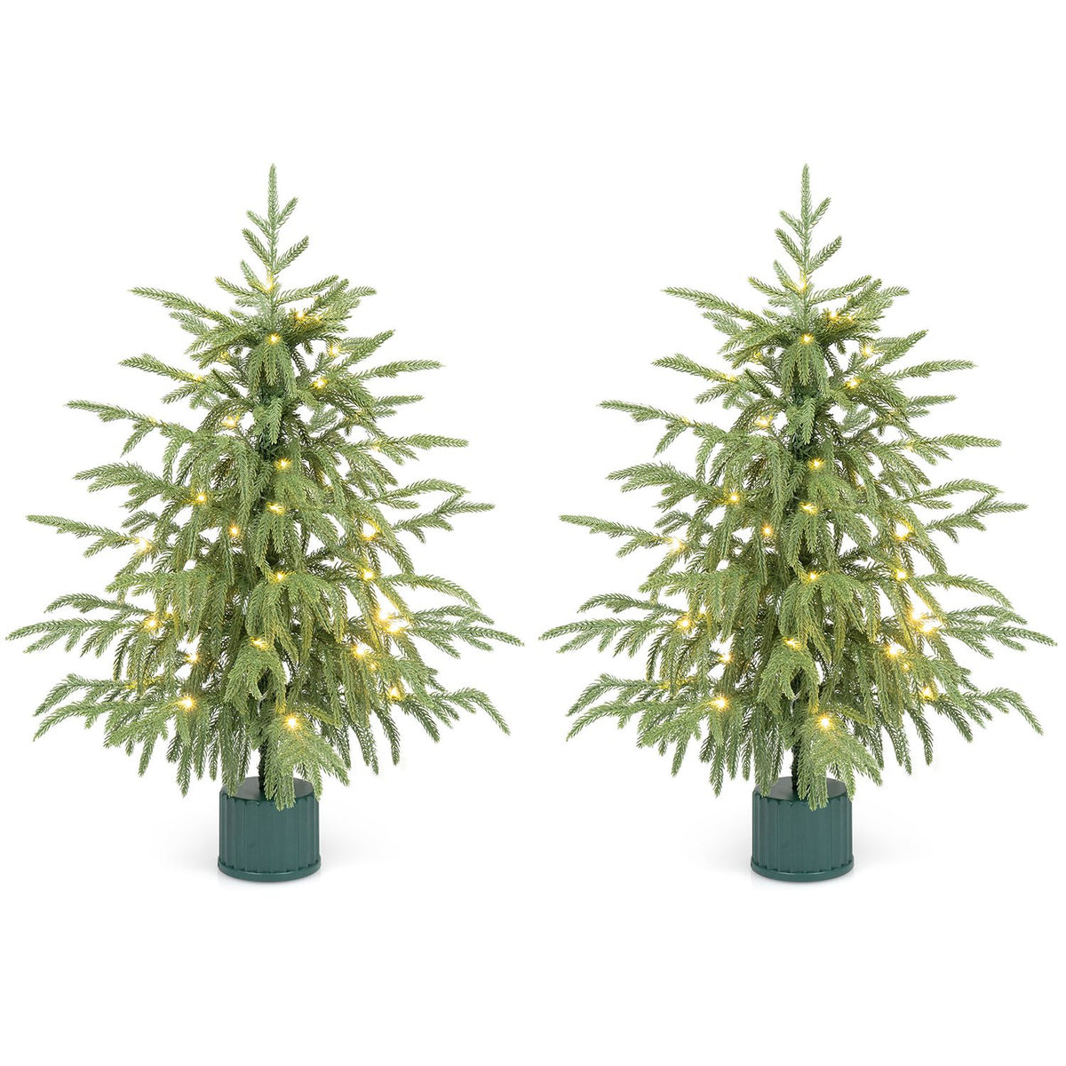 Set of two 24-inch pre-lit tabletop Christmas trees with rotating musical bases and PE branch tips, holiday decor by Wilsons Home Store.