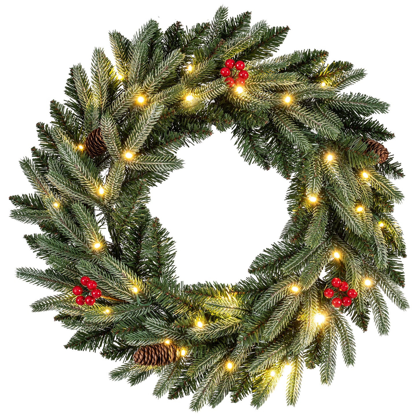 24” Pre-lit Christmas Wreath Front Door Artificial Xmas Wreath with 90 Frosted Branch Tips