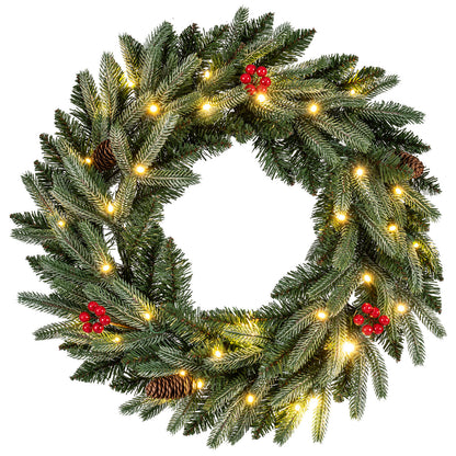 24” Pre-lit Christmas Wreath Front Door Artificial Xmas Wreath with 90 Frosted Branch Tips