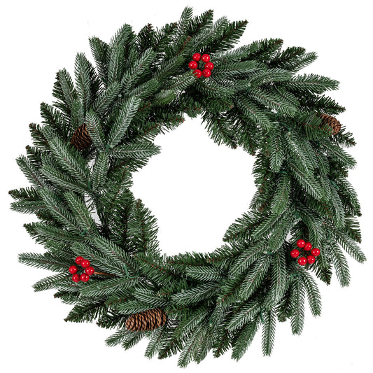 24” Pre-lit Christmas Wreath Front Door Artificial Xmas Wreath with 90 Frosted Branch Tips