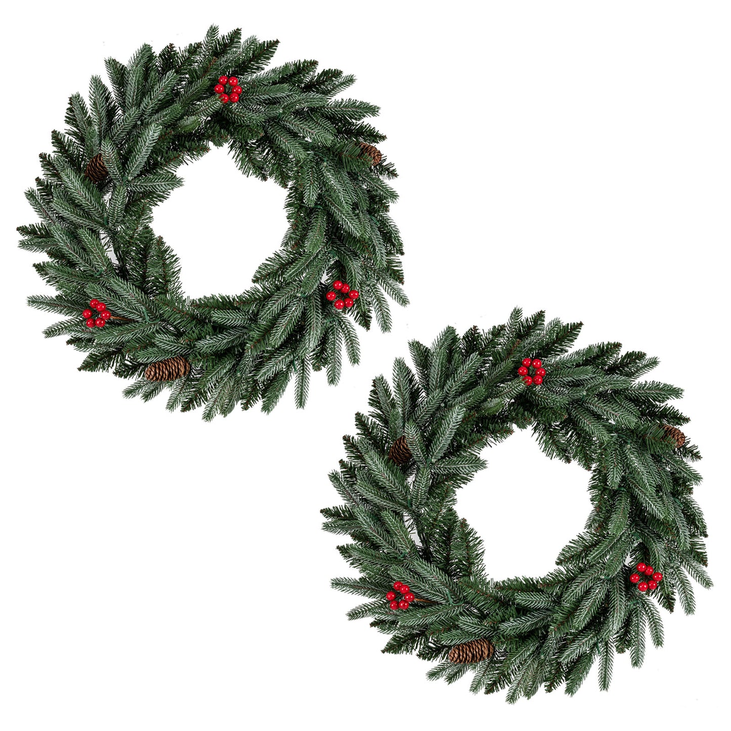 24”  Pre-lit Christmas Wreath Set of 2 Front Door Artificial Xmas Wreath with 90 Frosted Branch Tips